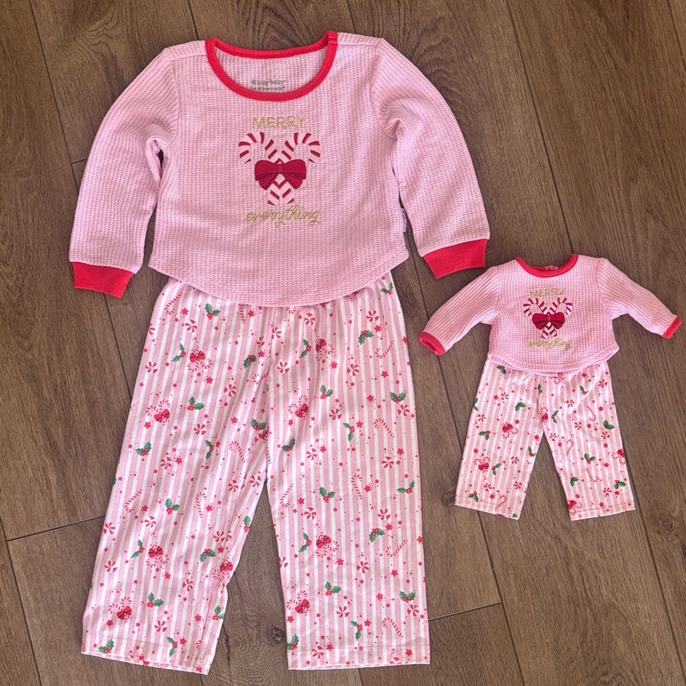 American Girl Pink and Red Kids Pajama Set with Doll Outfit